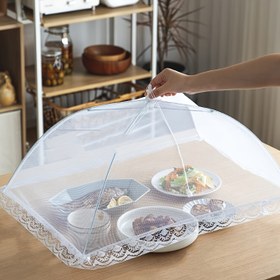 Resim 1 adet beyaz pirinç örtüsü, katlanabilir yemek masası yiyecek sinek geçirmez pirinç örtüsü, ev toz örtüsü, şemsiye sinek geçirmez mutfak açık hava yiyecek örtüsü 