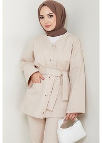 Resim Bestenur Kemerli Ceket Pantolon Gabardin Takım 1557 - Bej Bej 