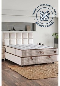 Resim Star Yatak Seti Çift Kişilik Full Ortopedik Çok Sert Yatak,krem Keten Kumaş Lüks Baza Ve Başlık 160 x 200 