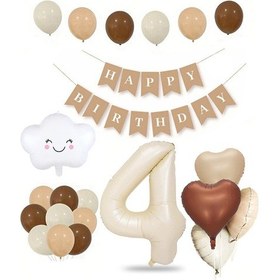 Resim 4 Yaş Retro Doğum Günü Seti Krem Rakam Folyo, Banner, Kalp Folyo 