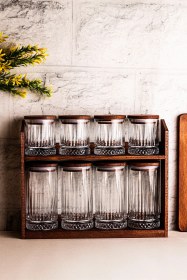 Resim Mira Mix - 8'li Ahşap Standlı Vakumlu Ahşap Kapaklı Cam Baharatlık Takımı Saklama Kabı Seti Ahşap 