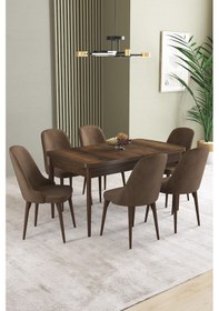 Resim Ikon Barok Desen 80x132 Mdf Açılabilir Yemek Masası Takımı 6 Adet Sandalye Kahverengi 
