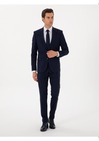 Resim Cacharel Koyu Lacivert Slim Fit Çizgili Kırlangıç Yaka Yün Takım Elbise 