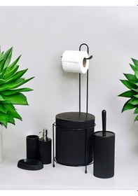 Resim Metalshop 6 Parça Banyo Seti Metal Stantlı Çöp Kovalı Wc Kağıtlık Ve Tuvalet Fırçası Katı - Sıvı Sabunlu Siyah 