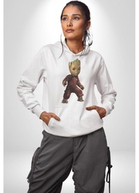 Resim Bebek Groot Guardians Galaxy Kadın Erkek Beyaz Kapüşonlu Sweatshirt Hoodie Beyaz 
