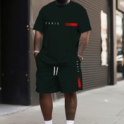 Resim Büyük Beden Erkek Paris Baskılı Kısa Kollu T-Shirt ve Şort Takımı - Rahat Spor Kıyafeti, Bej Renkli Kırmızı Çizgi Detayı, Polyester Karışımı, Bahar ve Yaz için Mükemmel, İdeal Hediye 