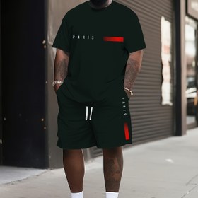 Resim Büyük Beden Erkek Paris Baskılı Kısa Kollu T-Shirt ve Şort Takımı - Rahat Spor Kıyafeti, Bej Renkli Kırmızı Çizgi Detayı, Polyester Karışımı, Bahar ve Yaz için Mükemmel, İdeal Hediye 