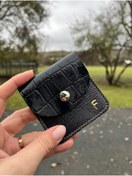 Resim Pinkylola Kare Model F Harfli Siyah Kroko & Siyah Hakiki Deri Mini Bozuk Para Cüzdanı & Airpod Kılıfı 