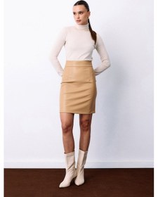 Resim Sateen Şardonlu Deri Etek - Bej-135487 Bej 