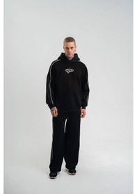 Resim Uzun Kol Kapşonlu Ara Biyeli Baggy Eşofman Takım - Siyah Çok Renkli 