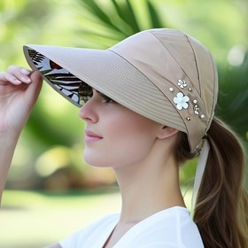 Resim Trendy Boncuklu Çiçek Dekorlu Şapka - Katlanabilir Güneş Şapkası Kadınlar İçin, Hafif ve Şık Açık Hava Aktiviteleri, Plaj ve Bahçe Partileri İçin - Boncuklu Bileklik Tasarımı, Plaj Aksesuarı 