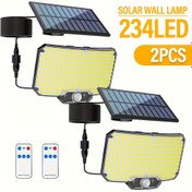 Resim 2 adet Dış Mekan Güneş Enerjili Duvar Avizesi, 234LED, Hareket Sensörlü Arama Işıklı, IR Uzaktan Kumandalı Solar Reflektör, Ticari Sokaklar, Verandalar, Kamp ve Bahçe İçin 3 Modlu Solar Dış Cephe Avize 
