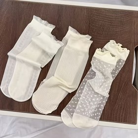 Resim 3 Çift Ultra-İnce Topuklu Çorap, Nefes Alabilen Dantel Kısa Çoraplar, Boş File Çoraplar ve Yaz için Lolita Tarzı Kıvrımlı Çoraplar. 
