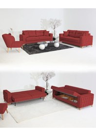 Resim Nola Koltuk Takımı 3+3+1 & Bazalı Yataklı Koltuk & Kanepe - Keten Bordo 