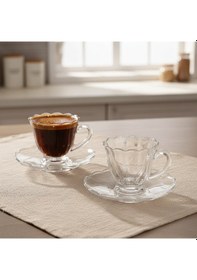 Resim Olive Cam 6 Kişilik Tabaklı Türk Kahvesi Espresso Fincan Seti 6 X 90 Ml Şeffaf 