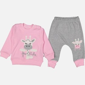 Resim Zürafa Nakışlı % 100 Pamuk Kız Bebek Takımı Pembe 