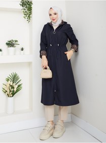 Resim RACE FASHİON Leopar Desenli Bondit Kumaş Beli Lastikli Kapüşonlu Tesettür Trençkot RC1205010 