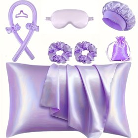 Resim 9/10/12 Parça Uyku Saç Şekillendirme Seti, 4'lü Maşa Kiti ve 1 Yastık Kılıfı, 2 Büyük Topuz Lastiği, 1 Yuvarlak Göz Maskesi, Gece Dalgaları İçin Saten Bonnet Şapka - Tüm Ciltler için Queen Hediye Paketi, Çoklu Isısız Rulo Araçlarıyla Silkli Saklama Çantası Dahil 