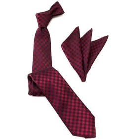 Resim Venchy Bordo Siyah Kazayağı Desen Mendilli Kravat 4240 - 5Mk Bordo 