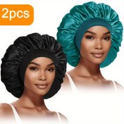 Resim 2 Adet Lüks Saten Uyku Bonesi Kadınlar İçin - Geniş Elastik Bantlı Ekstra Büyük Boneler, Kıvırcık & Düz Saçlar İçin Rahat Gece Saç Şapkaları, Siyah & Turkuaz, Parfümsüz Polyester Malzeme, Kıvırcık Saç Bakımı | Parlak Saten Bitiş | Polyester Uyku Bonesi 