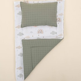 Resim Alt Açma Matı ve Yastık - Çift Taraflı - Haki Muslin - Yeşil Gökkuşağı 