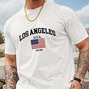 Resim Azınlı Polyester Knit Kumaş ile Slight Esnek Erkek Los Angeles ABD Bayrak Baskılı Casual Crew Boyun Tişörtü 