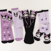 Resim Kızlar için 4 Çift Sanrio Kuromi Kawaii Anime Mürettebat Çorapları - Oynak Kalp ve Çizgili Tasarımlarla Nefes Alabilen Dizüstü Karikatür Çoraplar, Mor ve Siyah Renk Şeması, Günlük Giyim İçin Mükemmel, Kız Çorapları, Sanrio 