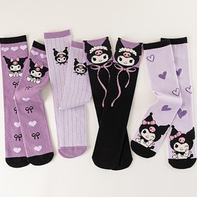 Resim Kızlar için 4 Çift Sanrio Kuromi Kawaii Anime Mürettebat Çorapları - Oynak Kalp ve Çizgili Tasarımlarla Nefes Alabilen Dizüstü Karikatür Çoraplar, Mor ve Siyah Renk Şeması, Günlük Giyim İçin Mükemmel, Kız Çorapları, Sanrio 