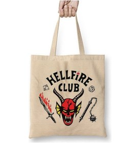 Resim Toyaso Stranger Things - Hellfire Club Beyaz Bez Çanta Uzun Saplı Alışveriş Çantası Plaj Çantası Beyaz 