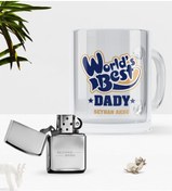 Resim Bk Gift Kişiye Özel Dünyanın En İyi Babası Cam Kupa Bardak Benzinli Metal Çakmak Seti-3 