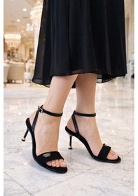 Resim Kadın Tek Bant Taş Detaylı Topuklu Sandalet Siyah 