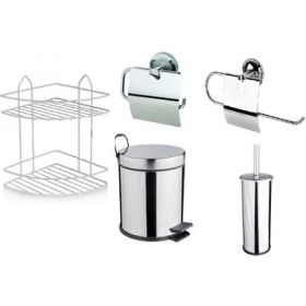 Resim Renk Yapı Rüyası Krom 5lt Çöp Kovası ve 2 Katlı Raf ve Havluluk ve Kağıtlık ve Fırça 5 Takım Set 