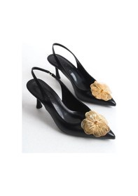 Resim Feles Sarı Gül Detaylı Arkası Açık Stiletto Kadın Topuklu Ayakkabı Siyah 