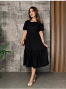 Resim Kadın Kısa Kollu Yakası Açık Katlı Bürümcük Balon Elbise Siyah 