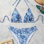 Resim Şık Porselen Baskılı Halter Yaka Bikini Seti - Poliamid ve Elastan Yüksek Esnek Kumaş, Dantelli Bağcıklı Üst ve Tanga Alt, Rastgele Çiçek Desenli - Mayo Koleksiyonu 