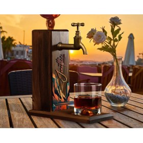 Resim Bk Gift Kişiye Özel Kabartma Isimli Tarihli Landscape Tasarımlı Musluklu Ceviz Ahşap Şarap Standı-1, Viski Çeşmesi, Babaya Hediye, Içecek Dispenseri 