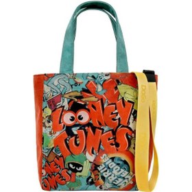 Resim Dogo Kadın Vegan Çok Renkli Large Tote Bag - Warner Bros The Toon Parade Tasarım Yeşil - Turuncu 