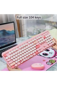 Resim RabbitTech Renkli Daktilo Tarzı Hello Bear Vintage Mekanik Klavye Mouse PC Laptop Uyumlu Kablosuz 