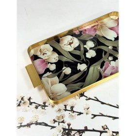 Resim Arow Metal Çerçeveli Cam Tepsi Çiçek Desen 24/40 Cm 