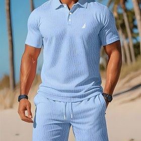 Resim Erkekler İçin Yazlık Tatil Spor Takımı: Kısa Kollu Baskılı Gömlek, Cepli İp Bel Şort, Nefes Alabilen Hızlı Kuruyan Mesh Kumaş, Plaj ve Golf Aktiviteleri İçin Temel 