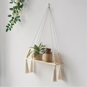 Resim 1 adet Duvara Asılı Raf, Duvar Dekorasyonu Asılı Bitki Yüzen Raflar, Boho Dekor, Oturma Odası, Yatak Odası, Banyo, Apartman Verandası için Ahşap Boncuklu Asılı Raf, duvar dekoru 