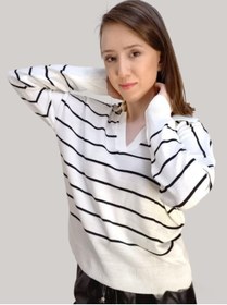 Resim boutique venüs V Polo Yaka Triko Çizgili Kazak Beyaz Renkli Standart Beden 