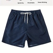 Resim Erkek Yaz Rahat Çizgili Bağcıklı Şort - Hafif, Nefes Alabilen Polyester, Plaj ve Havuz Kenarı Rahatlığı İçin Cep Detaylı Bol Kesim 