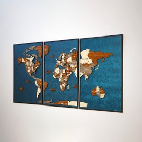 Resim 3D Ahşap Dünya Haritası - Modern 3 Parça Çerçeveli Tasarım - 120x60 cm / Tuana 
