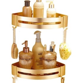 Resim Yumruksuz Tuvalet Banyo Tuvalet Rafı Altın Duvar Asılı Tuvalet Vanity Üçgen Depolama Duvar Emme Tipi 