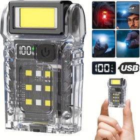 Resim Mini USB şarj edilebilir el feneri, LED süper parlak eller serbest fener, yedi aydınlatma modu, 180° dönebilen başlık, anında iş lambasına dönüşen fener, kırmızı ve mavi uyarı ışıklı yan ışık, açık hava, kamp, çalışma vb. için 