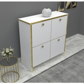 Resim %100 Mdf 2 Kapaklı Küp Altın Sarısı Desenli Gövdeli Ayakkabılık Beyaz 