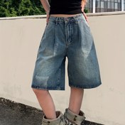 Resim 25AW+H Şekilli Pilisli Vintage Yüksek Kalite Mavi Beş Çeyrek Orta Boy Pantolon, Kadınlar İçin İlkbahar ve Yaz Trendleri için Kemer Tasarımsız Geniş Paça Düz Kesim Kot Şort 