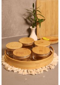 Resim Duo 300 Ml Silikonlu Bambu Kapaklı Cam Kahvaltılık Lüx Kahvaltılık Sunum Seti 