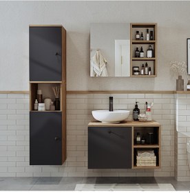 Resim Lavabolu Mdf 75 Cm Lotus Çekmeceli Banyo Dolabı + Aynalı Dolap Atlantik Çam - Antrasit 